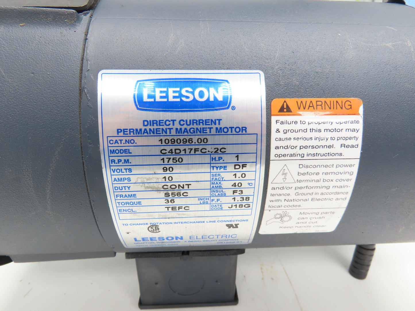 Leeson Electric 109096.00 C4D17FC42C 90V DC Motor 1Hp 1750 RPM 10A S56C 90VDC