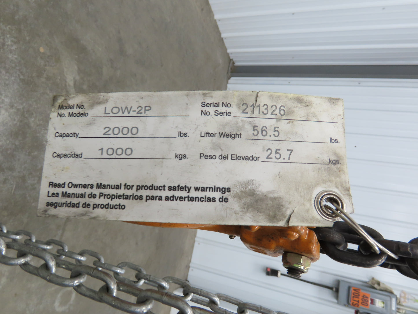 Vestil LOW-2P 1 Ton 2000Lb Chain Fall Hoist 9.8' Lift Push Trolley Low Headroom
