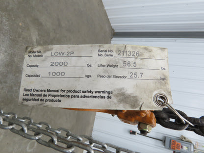 Vestil LOW-2P 1 Ton 2000Lb Chain Fall Hoist 9.8' Lift Push Trolley Low Headroom