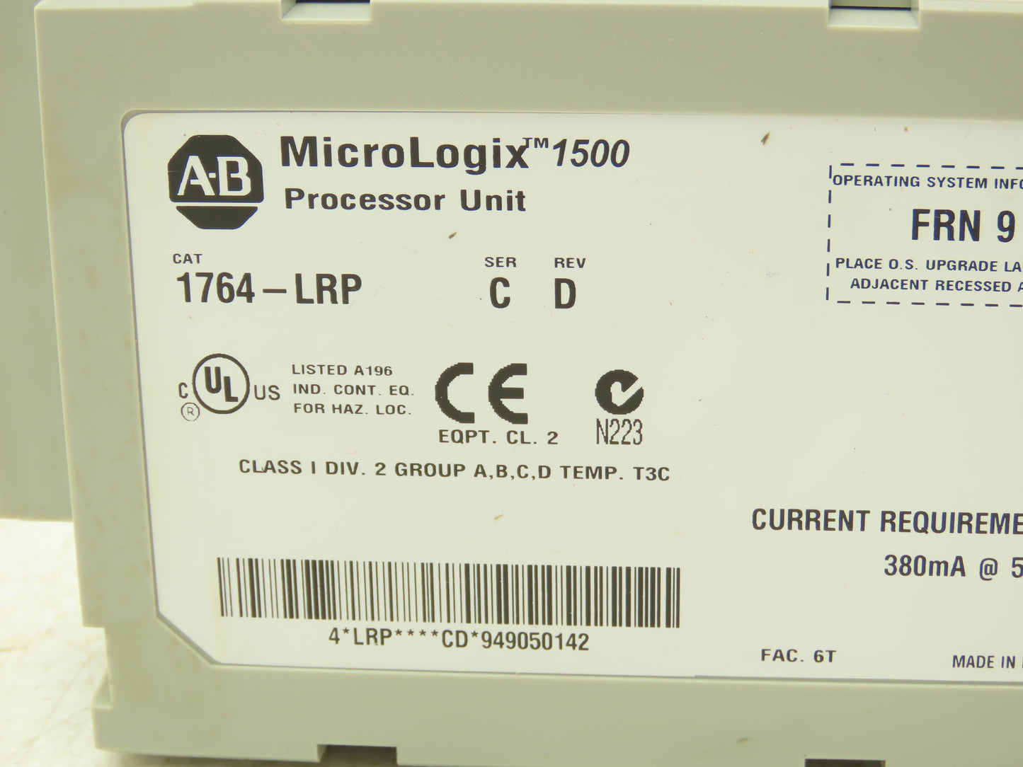 Allen Bradley 1764-LRP MicroLogix 1500 Processor Unit Ser C Rev D FRN 9