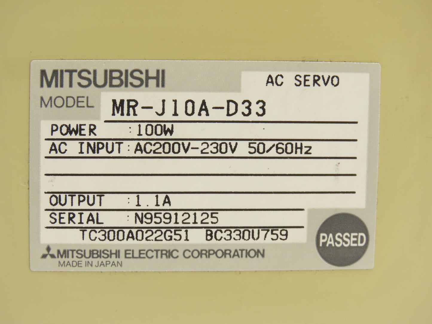 Mitsubishi MR-J10A-D33 AC Servo Drive Module 100W 1.1A 200-230V 3Ph