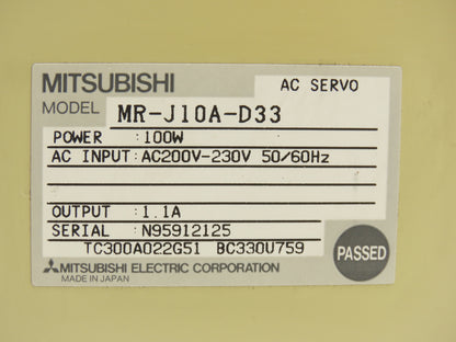 Mitsubishi MR-J10A-D33 AC Servo Drive Module 100W 1.1A 200-230V 3Ph