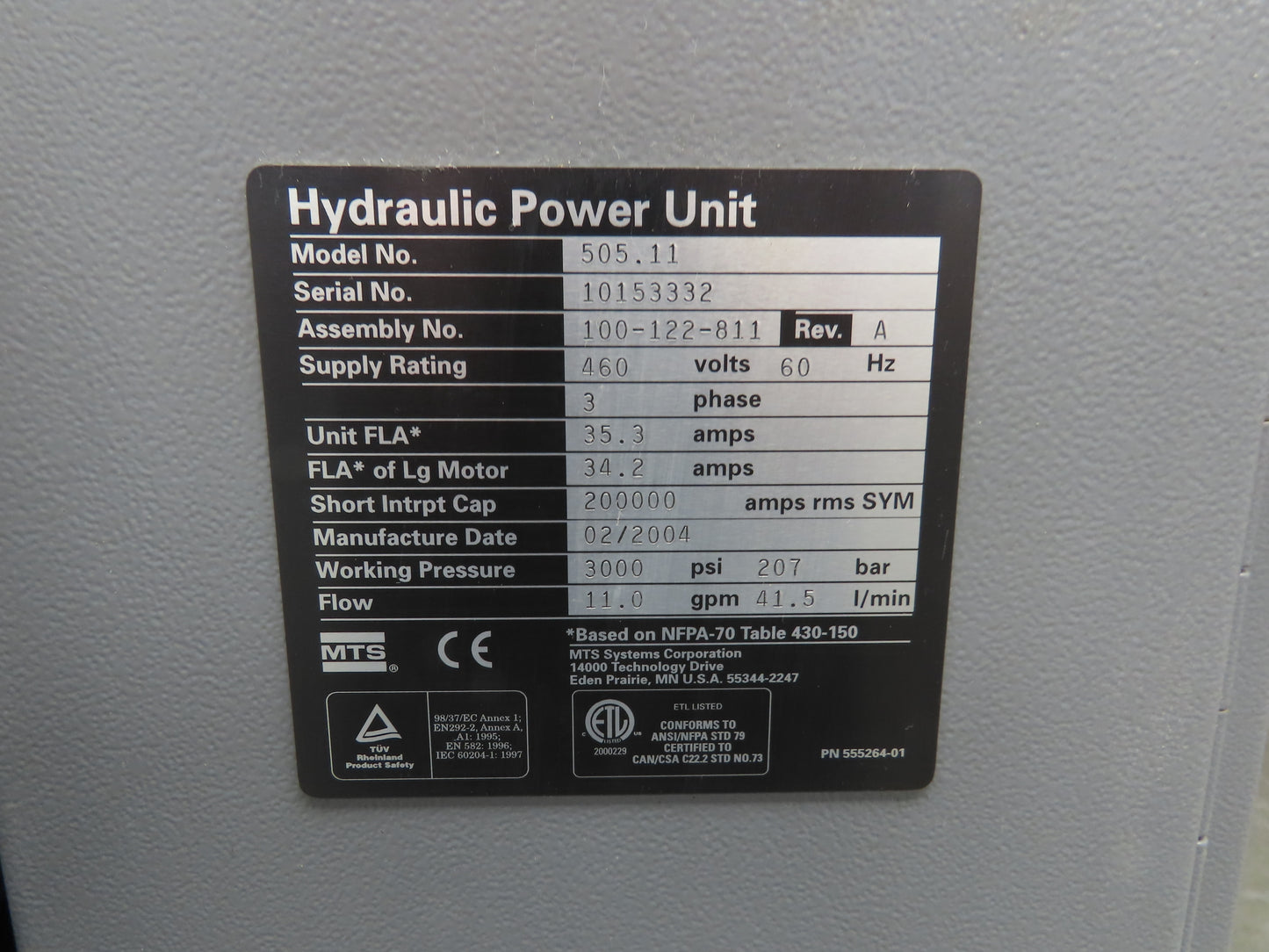 MTS 505.11 SilentFlo Hydraulic Power Unit 11GPM 3000PSI 25Hp 460V 3Ph