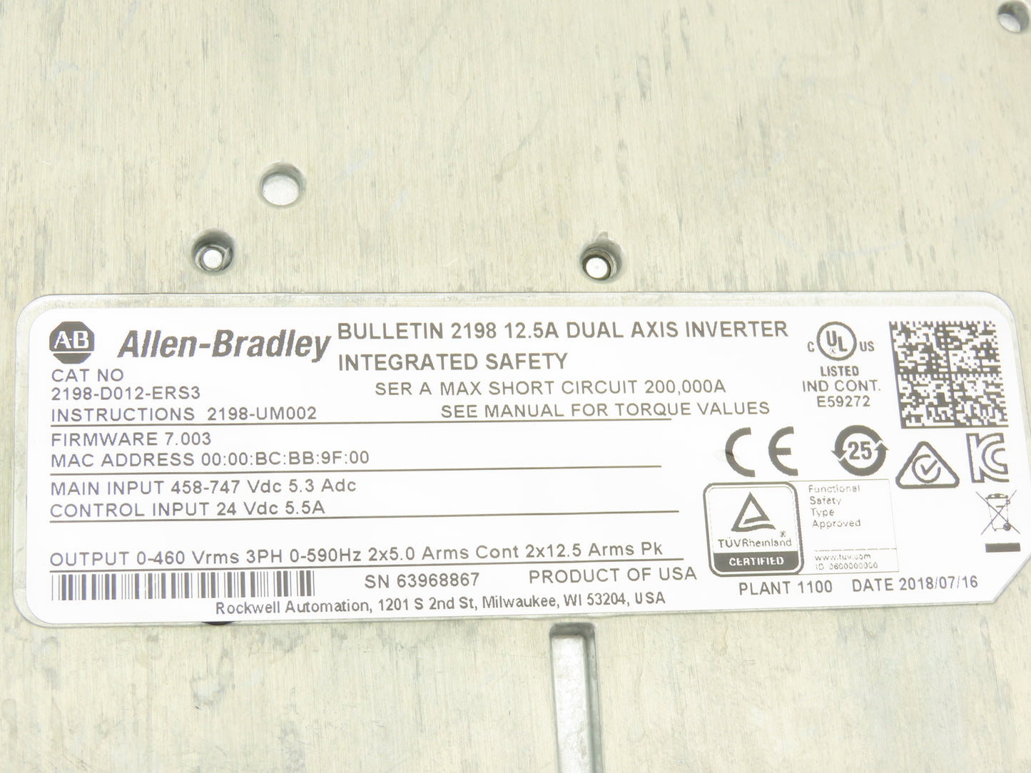Allen Bradley 2198-D012-ERS3 Kinetix 5700 AC Servo Drive Dual Axis Inverter
