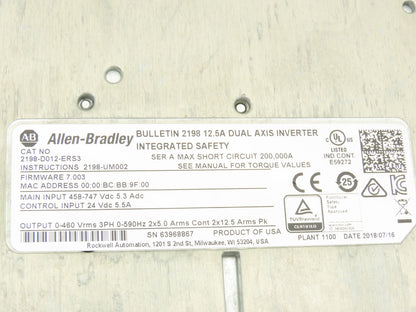 Allen Bradley 2198-D012-ERS3 Kinetix 5700 AC Servo Drive Dual Axis Inverter