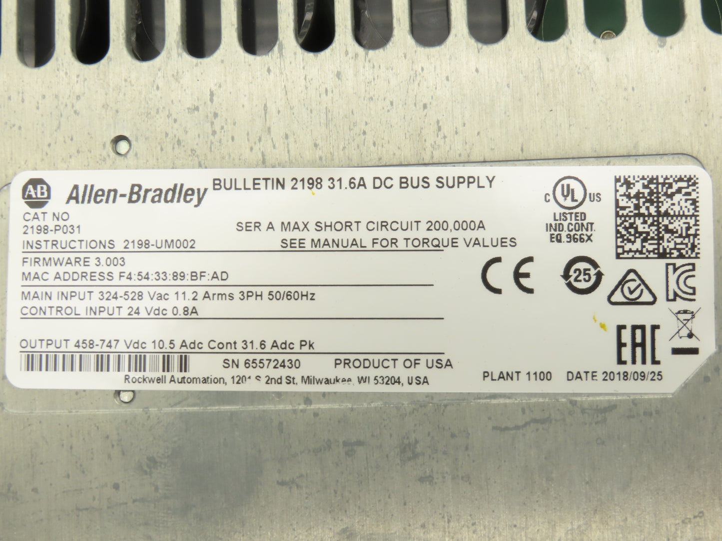 Allen Bradley 2198-P031 Kinetix 5700 DC Bus Power Supply 480VAC In 24VDC In