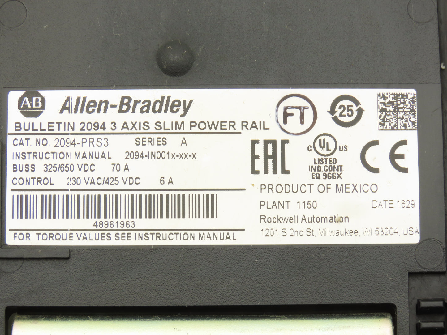 Allen Bradley 2094-PRS3 3 Axis Slim Power Rail Backplane Module Ser A