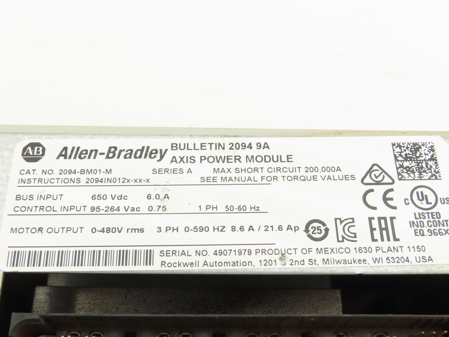 Allen Bradley 2094-BM01-M 9A Axis Power Module VFD 0-480V 3Ph 0-590Hz 21.6A