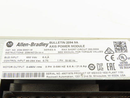 Allen Bradley 2094-BM01-M 9A Axis Power Module VFD 0-480V 3Ph 0-590Hz 21.6A