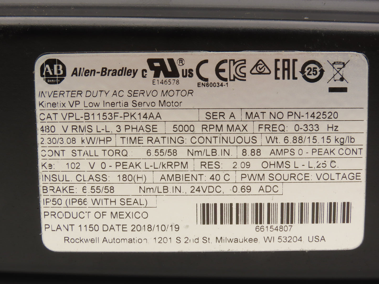 Allen Bradley VPL-B1153F-PK14AA Low Inertia Servo Motor Kinetix 3.08Hp 24V Brake