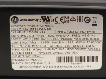 Allen Bradley VPL-B1153F-PK14AA Low Inertia Servo Motor Kinetix 3.08Hp 24V Brake