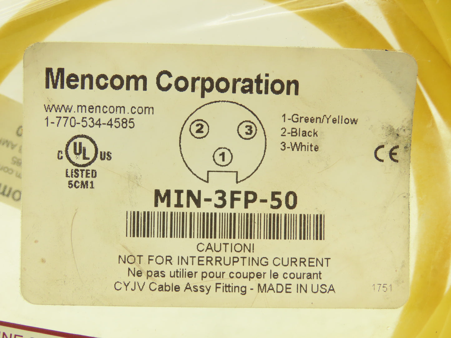 Mencom MIN-3FP-50 MIN Size I Cordset 3-Pole Female Straight Yellow 50' Cable