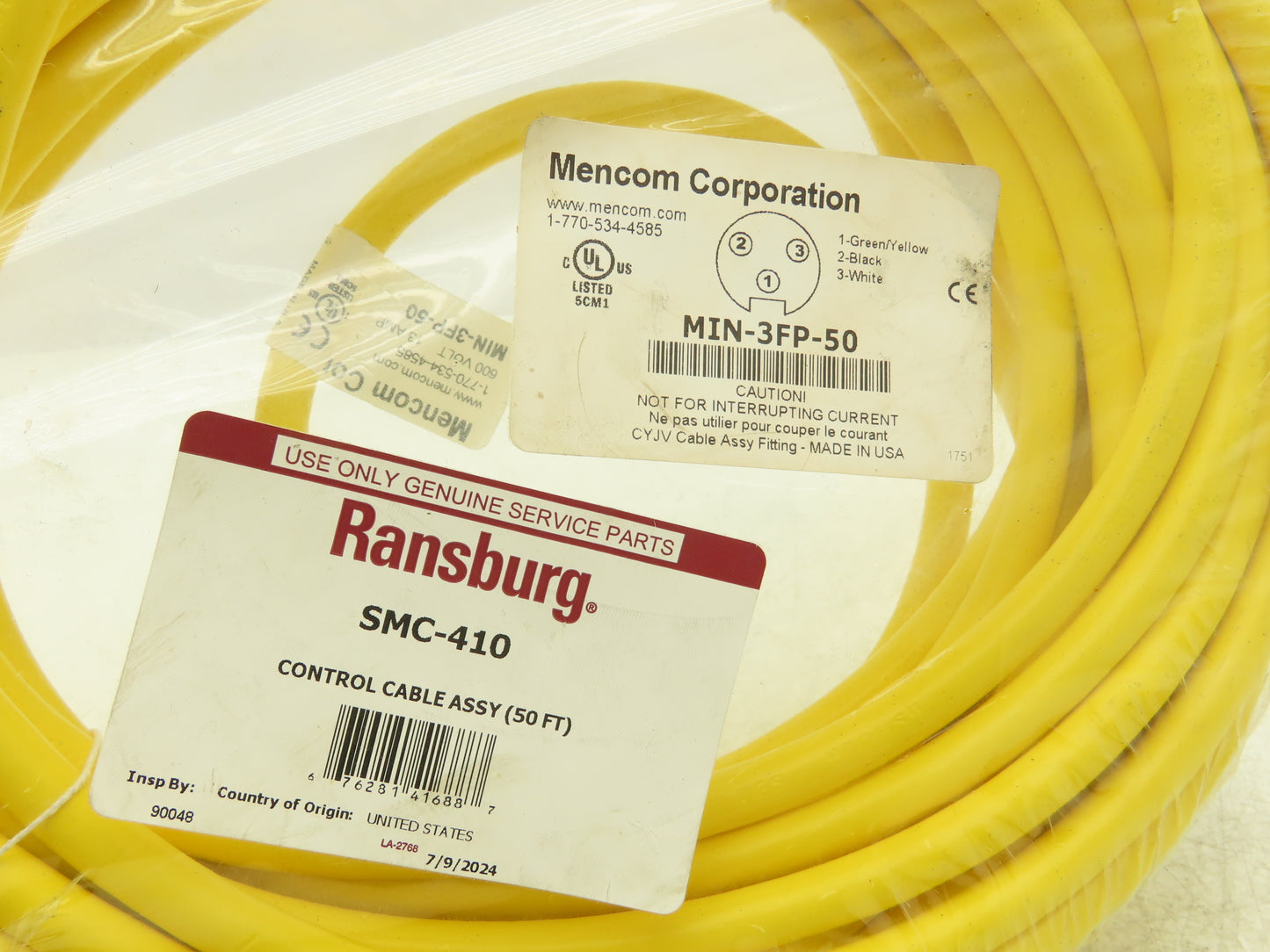 Mencom MIN-3FP-50 MIN Size I Cordset 3-Pole Female Straight Yellow 50' Cable