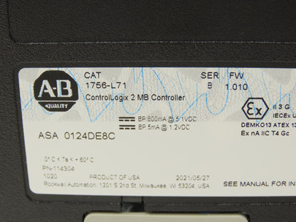 Allen Bradley 1756-L71 ControlLogix 2 MB Controller 5571 Ser B FW 1.010