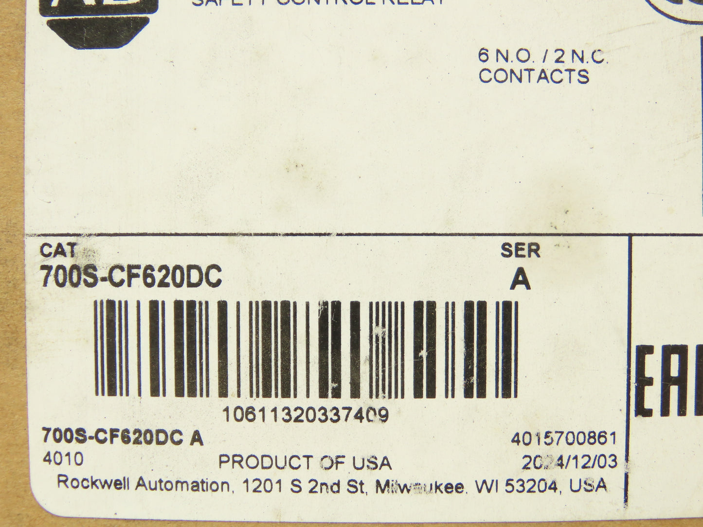 Allen Bradley 700S-CF620DC Safety Control Relay 10A 600V 120VAC Coil Ser A