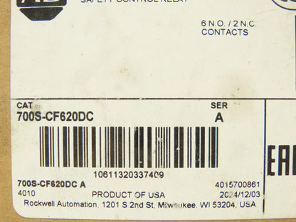 Allen Bradley 700S-CF620DC Safety Control Relay 10A 600V 120VAC Coil Ser A