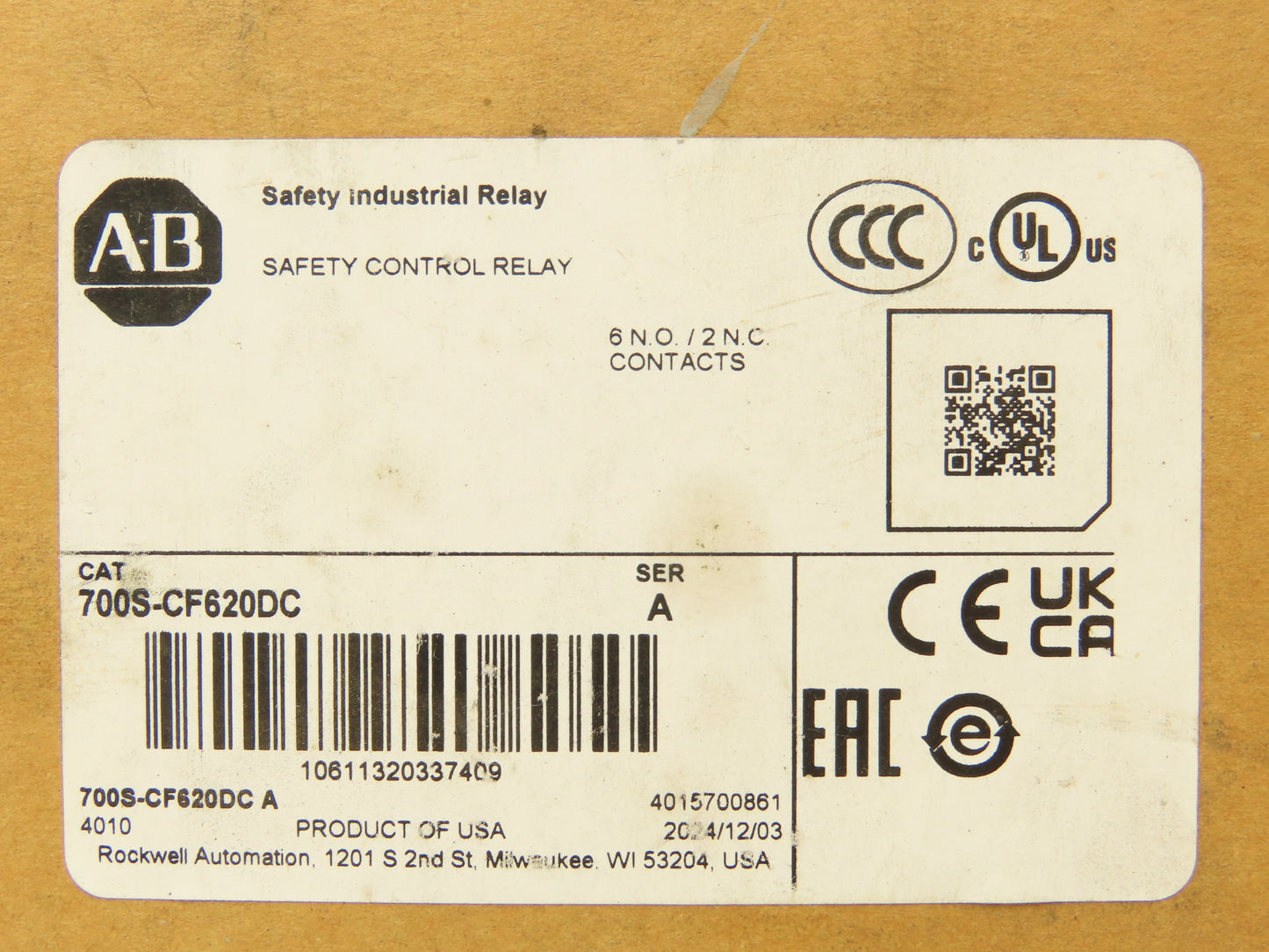 Allen Bradley 700S-CF620DC Safety Control Relay 10A 600V 120VAC Coil Ser A
