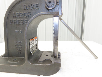 Dake Model No 0 Bench Top Arbor Press 1-1/2 Ton 4.5" Throat 7.75" Stroke