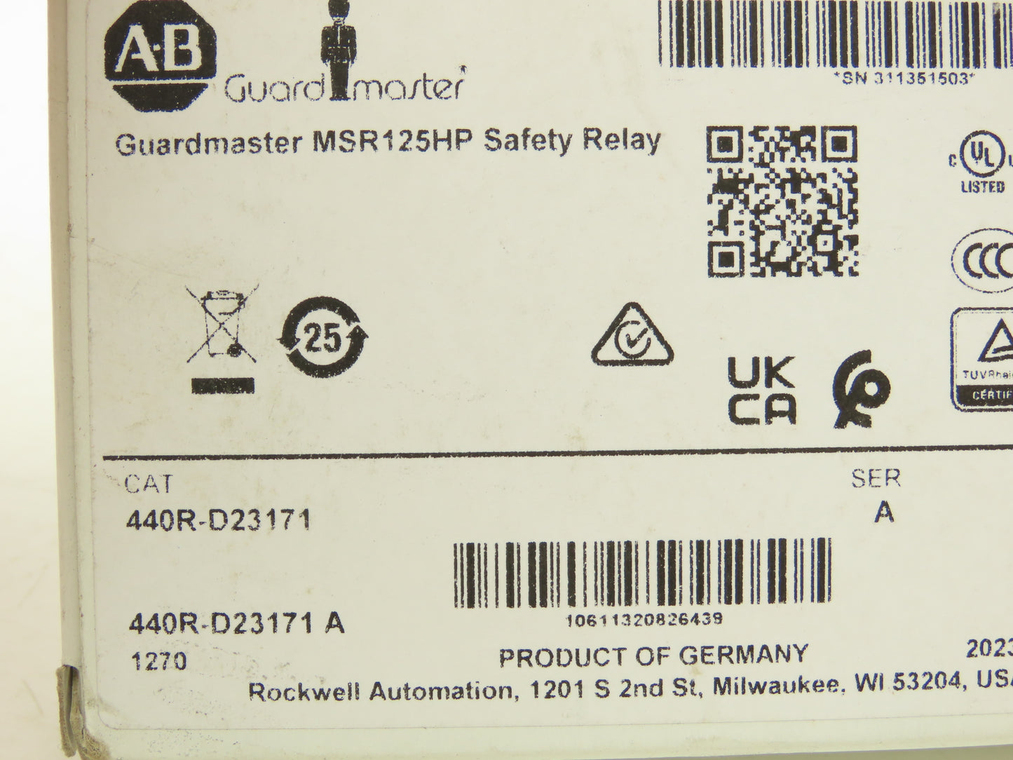Allen Bradley 440R-D23171 Guardmaster MSR125HP Safety Relay Unit 24VDC Ser A