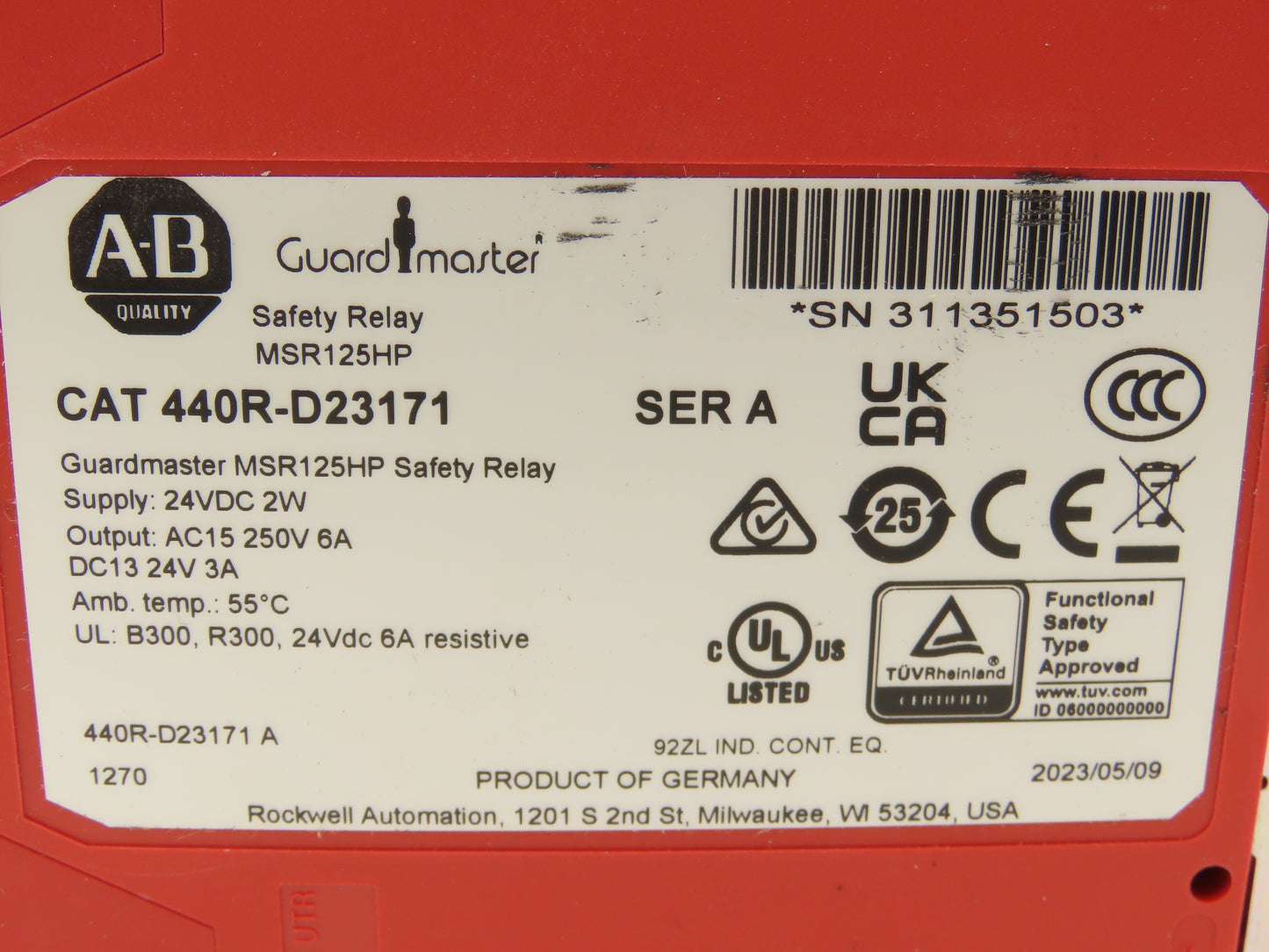 Allen Bradley 440R-D23171 Guardmaster MSR125HP Safety Relay Unit 24VDC Ser A