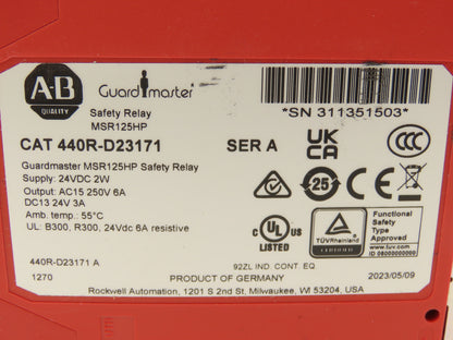 Allen Bradley 440R-D23171 Guardmaster MSR125HP Safety Relay Unit 24VDC Ser A