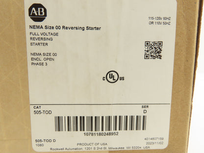 Allen Bradley 505-TOD Size 00 Reversing Starter Contactor 32A 600V 3PH 120V Coil