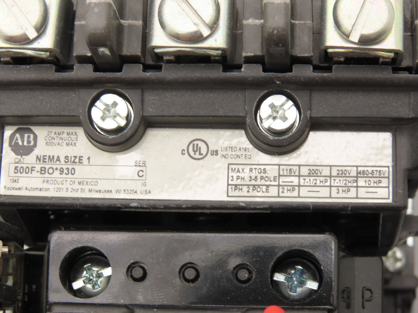 Allen Bradley 598-BA1076 Size 1 Starter Contactor 120V Coil 500F-BOD930  -No Lid