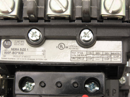 Allen Bradley 598-BA1076 Size 1 Starter Contactor 120V Coil 500F-BOD930  -No Lid