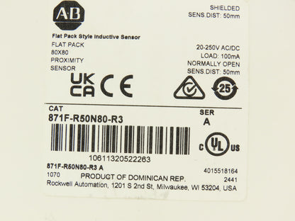 Allen Bradley 871F-R50N80-R3 Flat Pack Proximity Sensor 50mm Sensing 20-250V