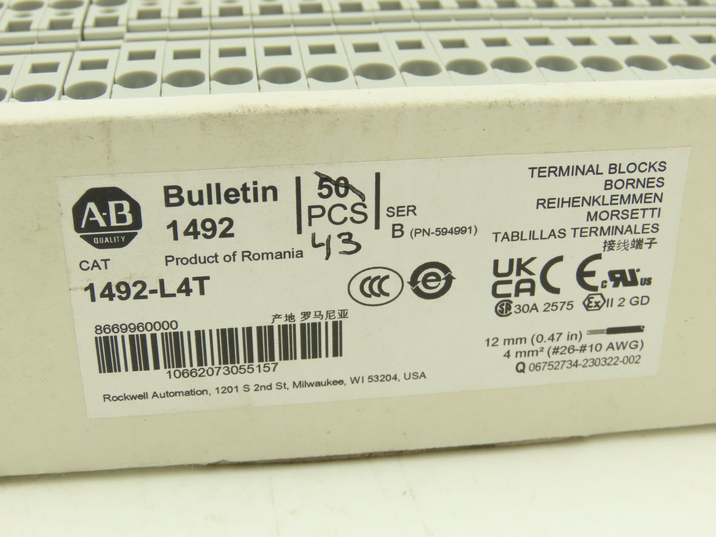 Allen Bradley 1492-L4T Feed-Through Terminal Block Gray 4mm Sq 800V Lot of 43
