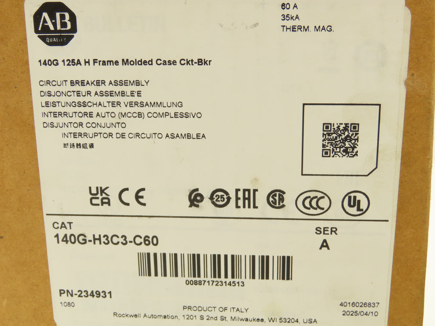 Allen Bradley 140GH3C3C60 60A Circuit Breaker 480V 3PH Molded Case 3 pole Ser. A