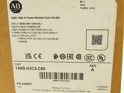 Allen Bradley 140GH3C3C60 60A Circuit Breaker 480V 3PH Molded Case 3 pole Ser. A