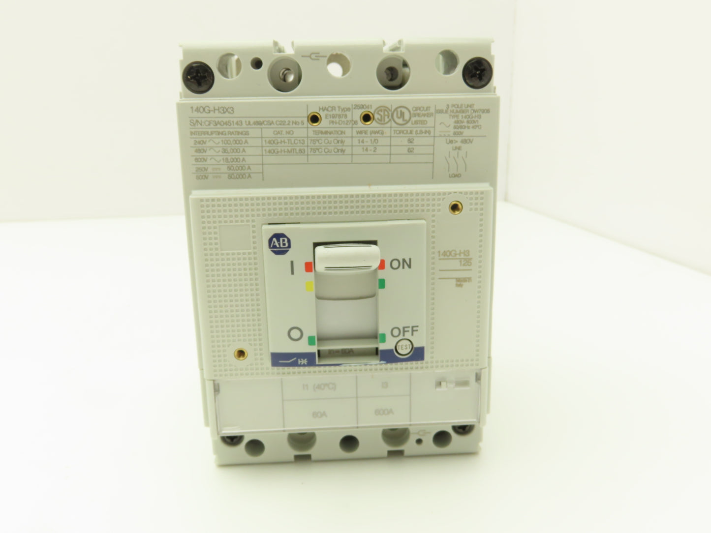 Allen Bradley 140GH3C3C60 60A Circuit Breaker 480V 3PH Molded Case 3 pole Ser. A