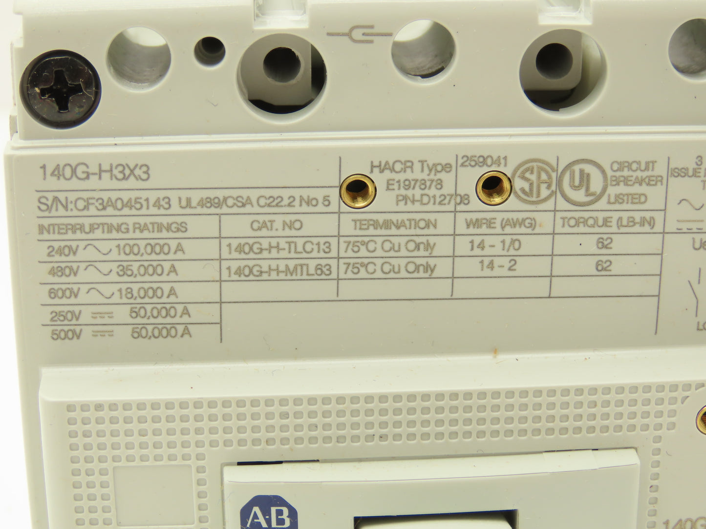 Allen Bradley 140GH3C3C60 60A Circuit Breaker 480V 3PH Molded Case 3 pole Ser. A
