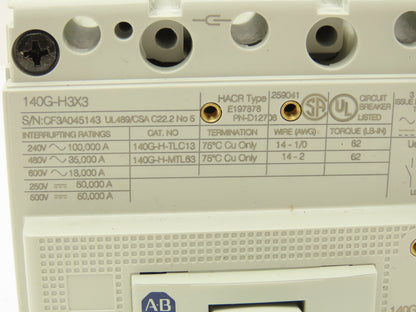 Allen Bradley 140GH3C3C60 60A Circuit Breaker 480V 3PH Molded Case 3 pole Ser. A