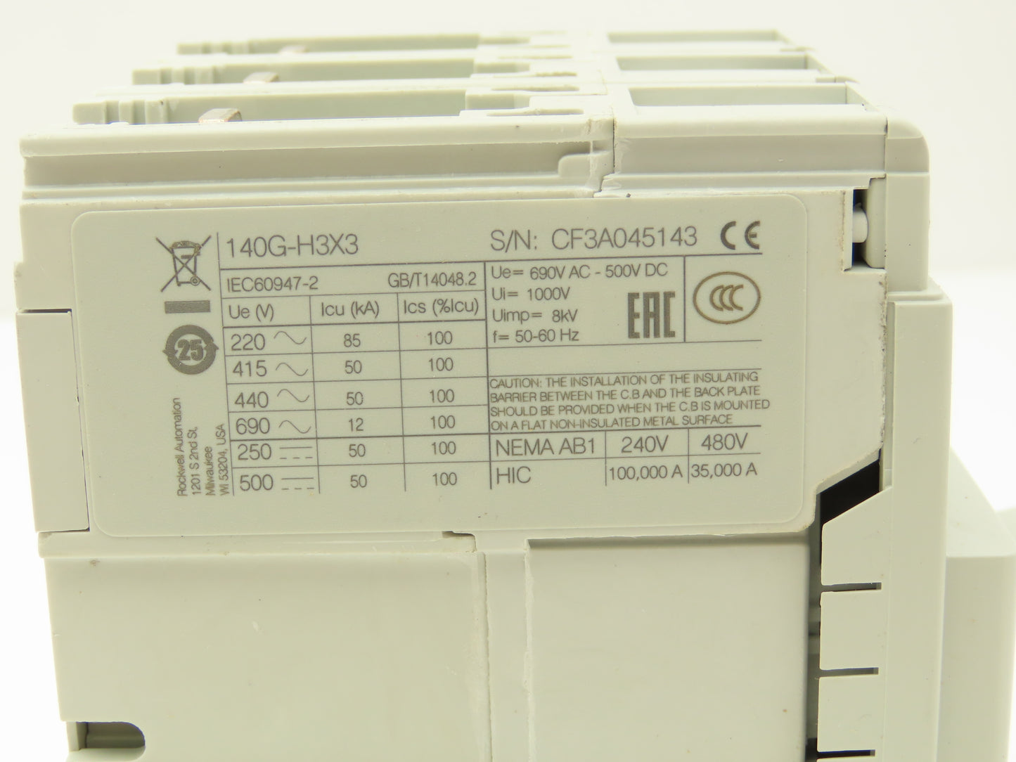 Allen Bradley 140GH3C3C60 60A Circuit Breaker 480V 3PH Molded Case 3 pole Ser. A
