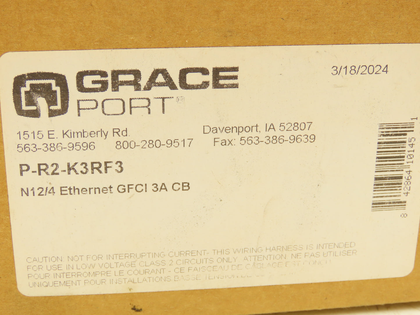 Grace Port P-R2-K3RF3 P-R2-K3RF3 GFCI N12/4 Ethernet Interface 3A CB 120VAC
