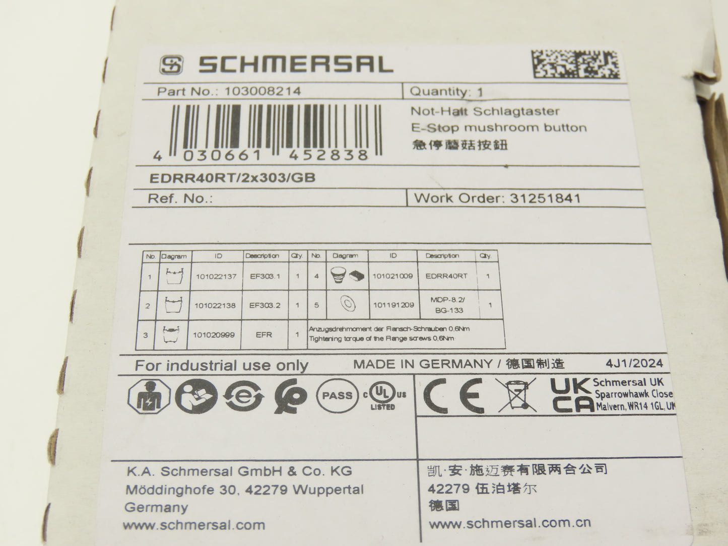 Schmersal EDRR40RT/2X303/GB E-Stop Pushbutton Kit Mushroomhead 103008214