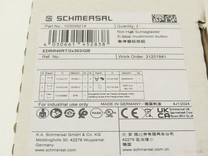 Schmersal EDRR40RT/2X303/GB E-Stop Pushbutton Kit Mushroomhead 103008214