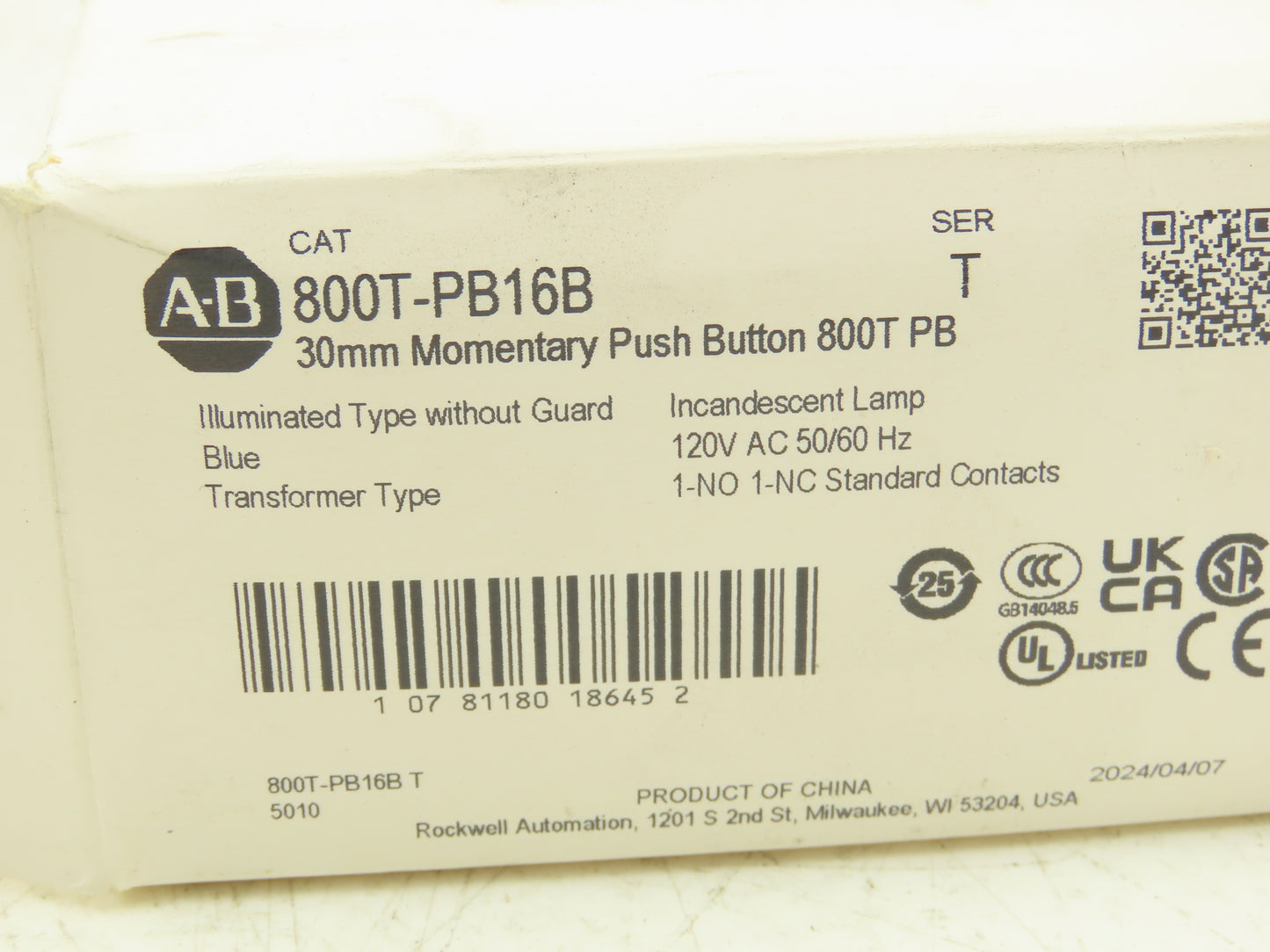 Allen Bradley 800T-PB16B Illuminated Push Button Momentary Blue 120VAC 30mm