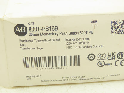 Allen Bradley 800T-PB16B Illuminated Push Button Momentary Blue 120VAC 30mm