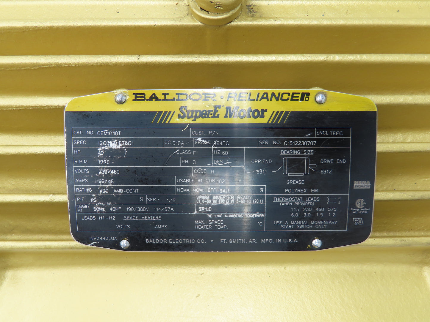 Baldor Electric CEM4110T Super E Motor 40Hp 1775 RPM 230/460V 3PH Frame 324TC