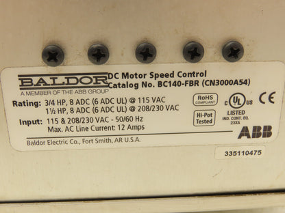 Baldor ABB BC140-FBR DC Motor Speed Control Drive 115/230V Input  8 ADC Output