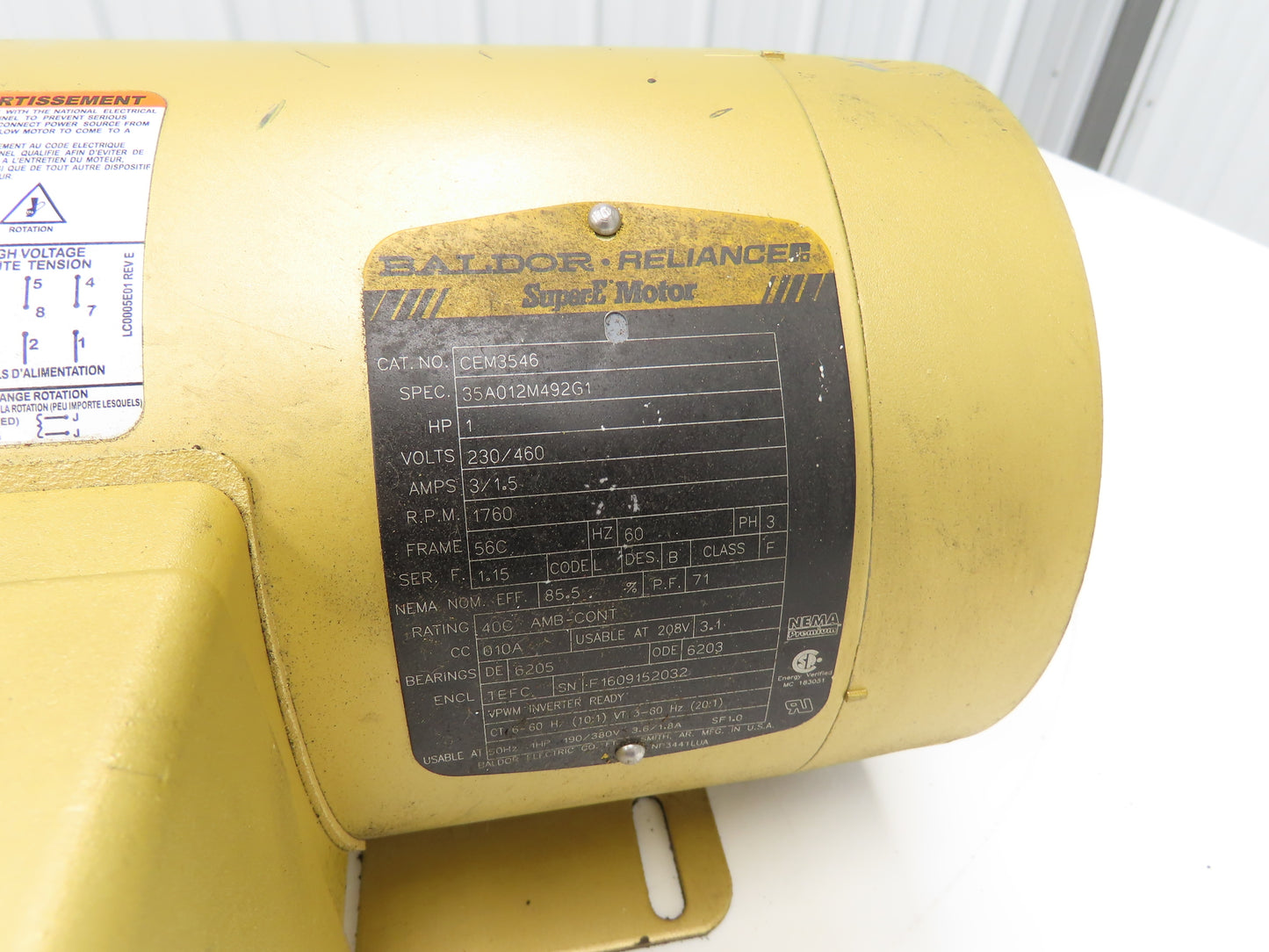 Baldor Electric CEM3546 Super E Motor 1Hp 1760 RPM 230/460V 3PH Frame 56C
