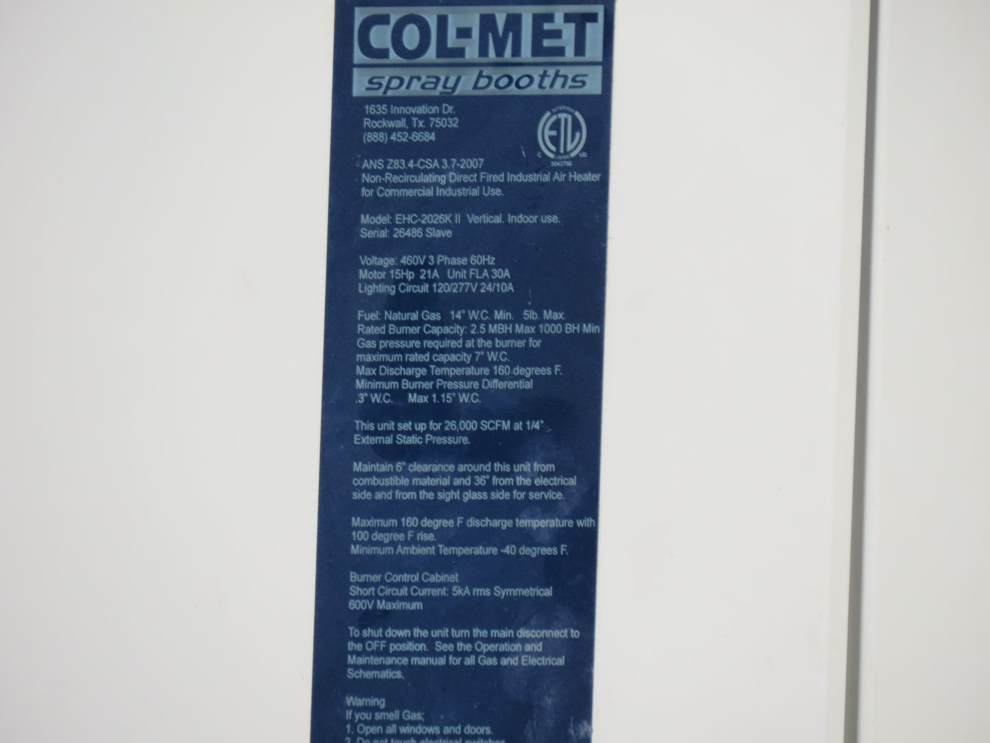 Col-Met Spray Booth Air Make Up EZ Heat Cure Unit 5MBTUH 46000CFM 30Hp 460V