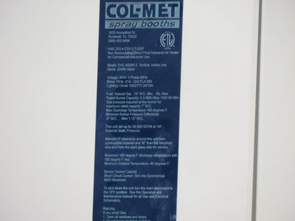 Col-Met Spray Booth Air Make Up EZ Heat Cure Unit 5MBTUH 46000CFM 30Hp 460V