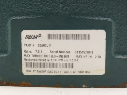 Dodge Tigear 20A07L14 Worm Gearbox 7.5:1 Reducer 2.7Hp 233rpm 140TC LH Output