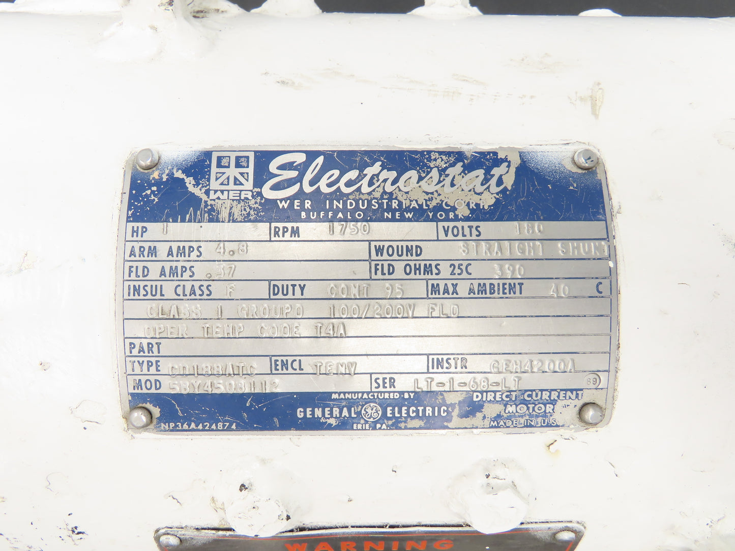 GE Wer Electrostat 5BY450B112 180V DC Motor 1Hp 1750 RPM CD188ATC 143T