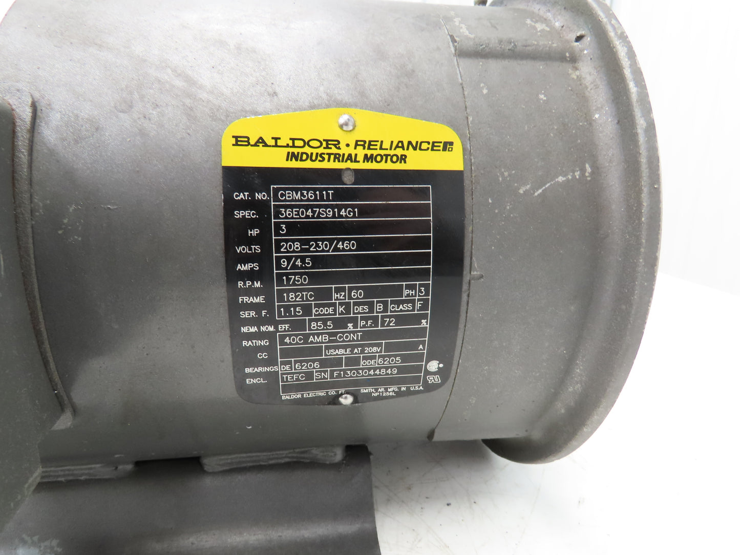 Baldor CBM3611T Brake Motor 3Hp 1750rpm 230/460V 3PH 182TC Stearns 105604100DPF