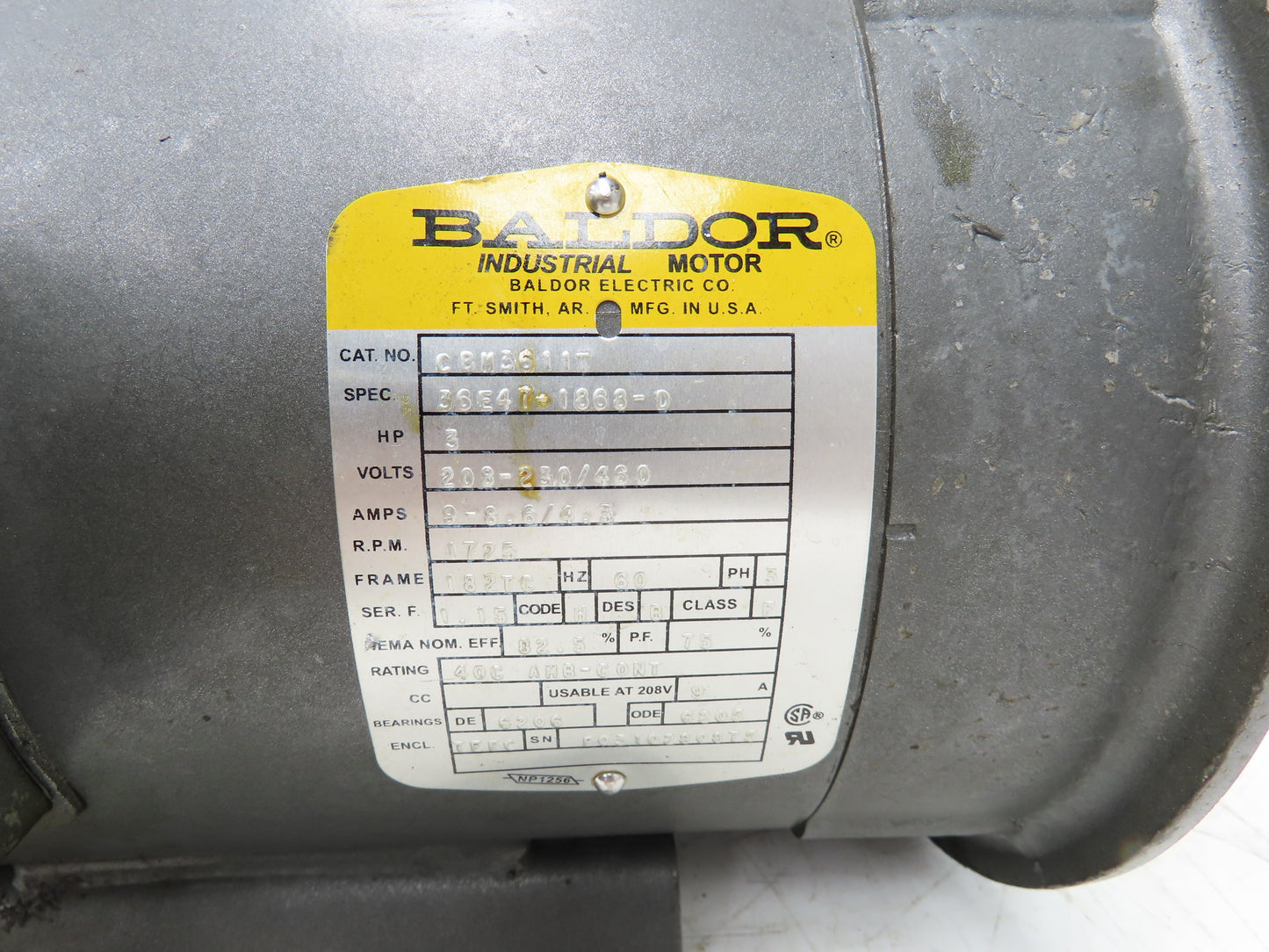Baldor CBM3611T Brake Motor 3Hp 1750rpm 230/460V 3PH 182TC Stearns 105604100DPF